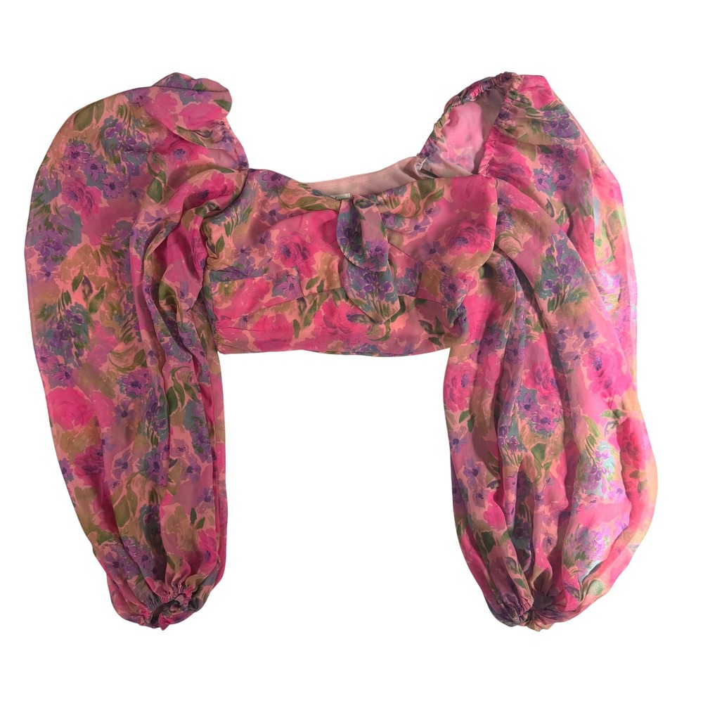 For Love & Lemons Cottagecore Romantic Women Balloon Sleeve Crop Top Pink Floral